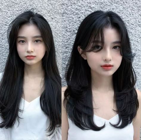 Long Straight Hair with Layers Before and After Straight Hair Updo, Trendy Bangs, Bangs Haircut, Pin Straight Hair, Balayage Straight Hair, Bangs Hairstyle, Straight Layered Hair, Wavy Wedding Hair, Straight Black Hair