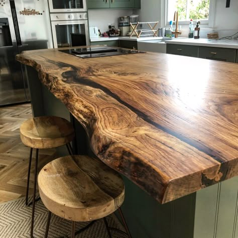 Wooden Countertop Island, Live Edge Wood Island Countertop, Live Edge Wood Kitchen Island, Live Edge Kitchen Island Top, Live Edge Island Countertop, Live Edge Kitchen Countertops, Live Edge Island Kitchen, Witchy Camping, Live Edge Kitchen Island