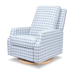 Namesake Crewe Recliner and Swivel Glider in Blue Gingham with Light Wood Base, Greenguard Gold & CertiPUR-US Certified Swivel Glider Recliner, Glider Recliner, Baby To Sleep, Swivel Glider, Nursery Furniture, Blue Gingham, Power Recliners, You Rock, Light Wood