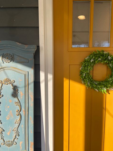 Mustard Door Grey House, Mustard Front Door Color, Dark Yellow Front Door, Mustard Yellow Sherwin Williams, Mustard Color House Exterior, Mustard Front Door, Yellow Door Exterior, Mustard Yellow Front Door, Mustard Yellow Door