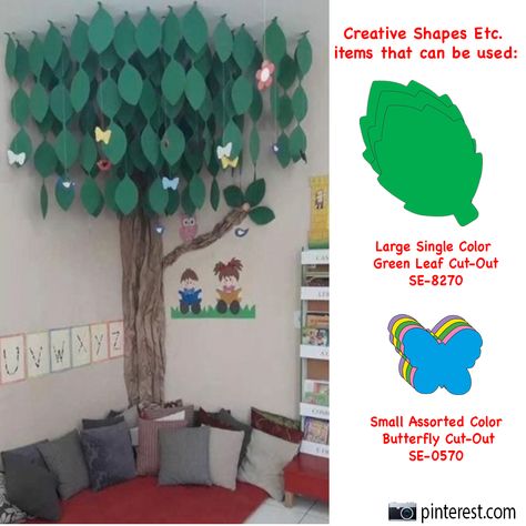 Create a whimsical environment perfect for classroom reading nooks and children's spaces in libraries. Our time saving leaf and butterfly cut-outs can easily be used to create this wondrous tree that kids will not only enjoy reading under but can help develop their love of books. Reading Nook Classroom, Preschool Rooms, Calming Strategies, Creative Classroom, Reading Classroom, Reading Corner, Kids Corner, Preschool Classroom, Kid Spaces