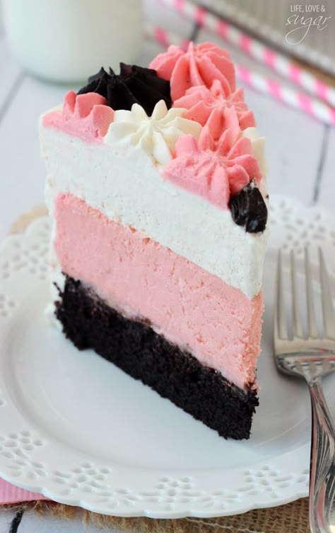 Neapolitan Millionaire Cake - vanilla bean mousse, strawberry cheesecake, chocolate cake! So good! Millionaire Cake, Vanilla Bean Mousse, Cheesecake Chocolate Cake, Strawberry Vanilla Cake, Cheesecake Chocolate, Monkey Bread, Piece Of Cake, Strawberry Cheesecake, Yummy Yummy