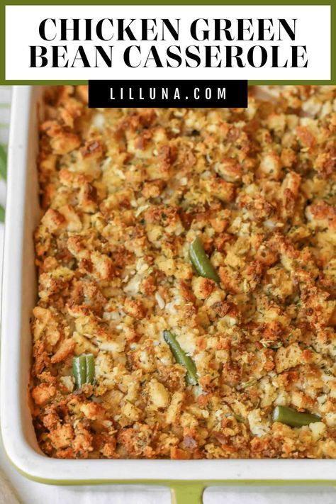 Chicken Stuffing Casserole is a family favorite for dinners and holidays. With chicken, stuffing, gravy, and green beans - it has a little bit of everything, making it a crowd pleaser! #chickenandgreenbeancasserole #chickenstuffingcasserole #casserole #chickencasserole #chickenstuffing Green Bean Chicken Stuffing Casserole, Recipes With Chicken And Green Beans, Green Bean And Chicken Casserole, Green Bean Casserole With Cream Of Chicken Soup, Rotisserie Chicken Green Beans, Chicken Green Beans Stuffing Casserole, Green Bean Casserole With Cream Of Chicken, Chicken And Stuffing Casserole With Green Beans, Chicken Stuffing Casserole Green Beans