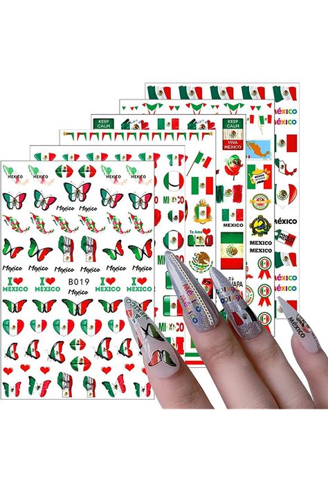 6 Sheets Mexican Flag Nail Art Stickers Decal 3D Self Adhesive Nail Art Decals Mexico Flag Badge Heart Skull Butterfly Nail Design Sticker for Independence Day Nail Art Decoration Supplies Independence Day Nail Art, Flag Nail Art, Butterfly Nail Design, Flag Nails, Heart Skull, Skull Butterfly, Butterfly Nail Designs, Accessories Photography, Fashion Accessories Photography