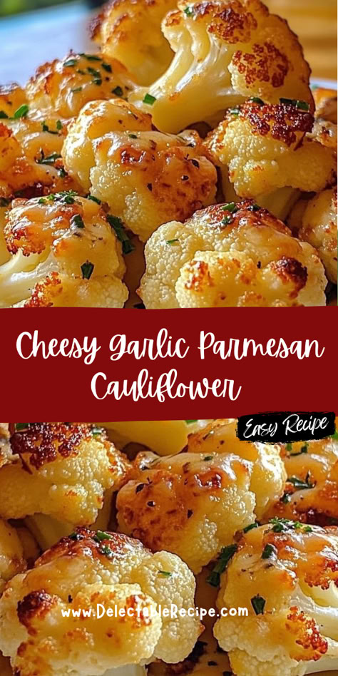 Baked Cheesy Cauliflower Whole Head, Cheesy Garlic Cauliflower, Cheesy Garlic Parmesan Cauliflower, Cauliflower Side Recipes, Bake Cauliflower Recipes, Cauliflower Bake Recipes, Cauliflower Appetizer Recipes, Side Dishes Cauliflower, Cauliflower Air Fryer Recipes