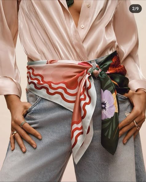 Scarf Tied Around Waist, Silk Scarves Outfits, Ways To Wear Silk Scarf, Floral Scarf Outfit, Shirt Tied Around Waist, Silk Scarf Styling, Styling Scarves, Waist Scarf, Silk Scarf Outfit