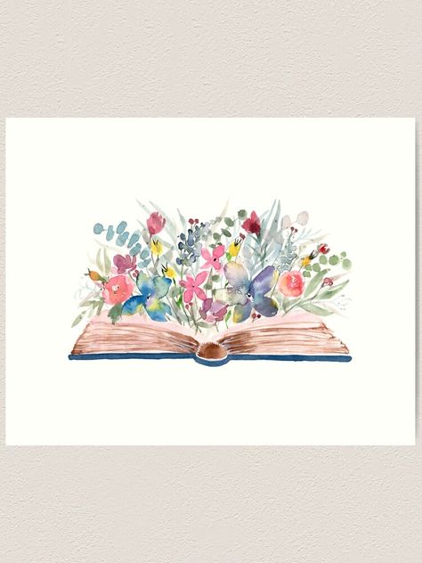 Book And Flower Painting, Book With Flowers Painting, Bookish Watercolor Art, Water Color Books, Watercolor Art Books, Teacher Watercolor Art, Painting Of A Book, Watercolor Book Painting, Watercolor Books Painting