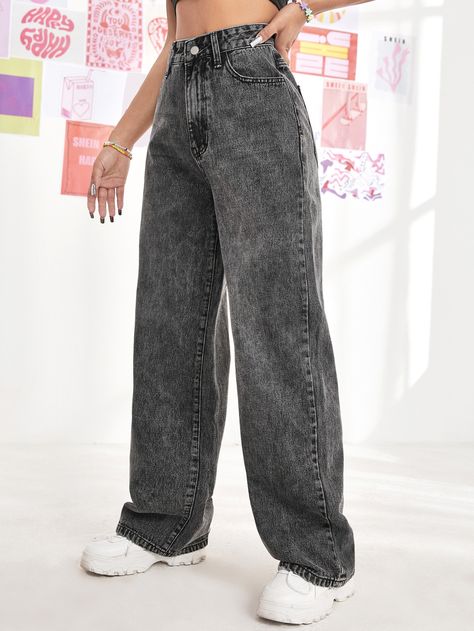 Black  Collar  Denim Plain Wide Leg Embellished Non-Stretch  Women Denim High Waist Wide Leg Jeans, Shein Icon, Cute Pants, Easy Trendy Outfits, Simple Trendy Outfits, High Waisted Jeans, Women Denim Jeans, Girls Fashion Clothes, Teenage Fashion Outfits