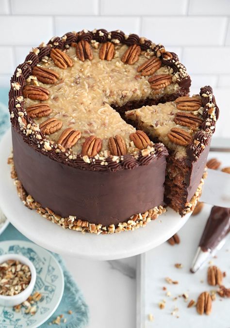 Classic German Chocolate Cake Recipe - Sprinkle Bakes German Chocolate Drip Cake, German Chocolate Treats, Chocolate And Coconut Cake, German Birthday Cake, German Chocolate Frosting Recipe, Best German Chocolate Cake Recipe, Bakers German Chocolate Cake, German Chocolate Cake Frosting, German Chocolate Cake Cookies