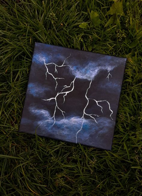 Art Ideas On Black Canvas, Ed Painting Ideas, Drawing Ideas On Black Canvas, Paint Ideas On Small Canvas, Painting Of Lightning, Storm Canvas Painting, Lightning Bolt Painting Canvas, Aesthetic Painting On Black Canvas, Cute Painting Ideas On Black Canvas Easy