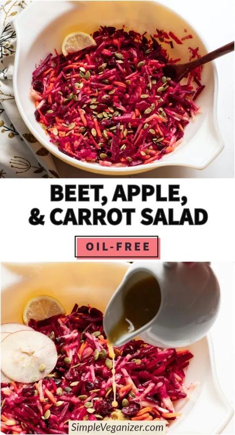 BEET, APPLE, AND CARROT SALAD WITH LEMON VINAIGRETTE (OIL-FREE) - Simple Veganizer Carrot And Apple Salad, Beet And Apple Salad, Carrot Apple Salad, Beet Recipes Healthy, Apple Salad Recipe, Salad Quinoa, Apple Salad Recipes, Paleo Salads, Beet Recipes