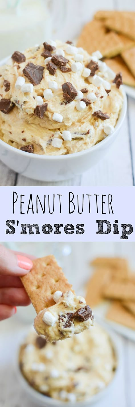 Peanut Butter S'mores Dip - the most delicious dessert dip! Peanut butter with chocolate and marshmallows! Serve with graham crackers for the ultimate s'mores experience! Peanut Butter Smores Dip, Pretzel Dips, Fall Dips, Smores Dip Recipe, Sweet Dip, Smores Dip, Winter Deserts, Dessert Dip, Sweet Dips