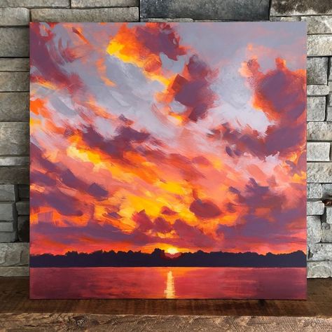 Sky Art Painting, Sunrise Art, Small Canvas Paintings, Lake Art, Landscape Art Painting, Art Painting Gallery, Lake Sunset, Nature Art Painting, Sunset Painting