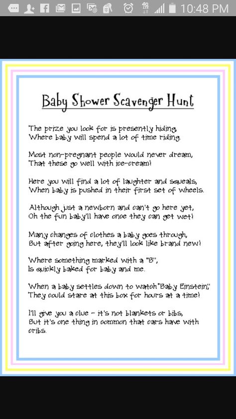 scavenger hunt Baby Shower Scavenger Hunt, Scavenger Hunt Clues, Scavenger Hunt, Shower Ideas, Activities For Kids, Baby Shower, Shower