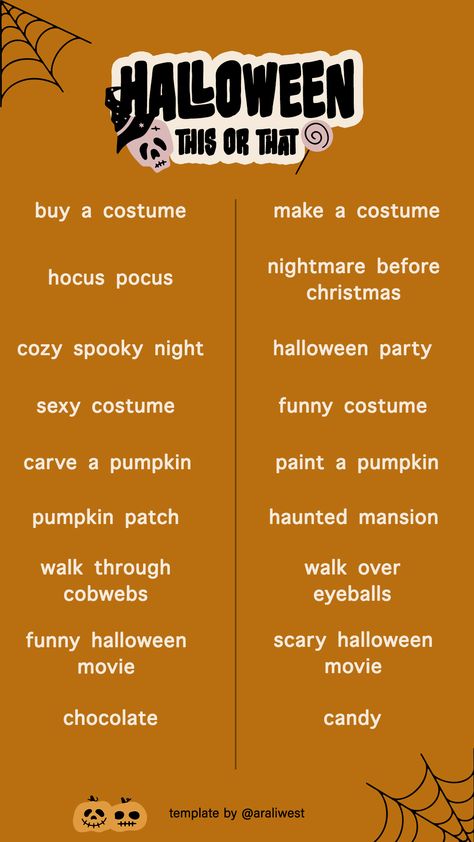 Halloween This or That sized for IG stories! Share with your friends, template by @araliwest 🐈‍⬛👻🍂 #halloweenthisorthat #halloweenstories Halloween This Or That Instagram, This Or That Halloween, Halloween This Or That, Halloween Ig Story, Friends Template, Halloween Infographic, Halloween Themed Food, Halloween Post, Phone Things