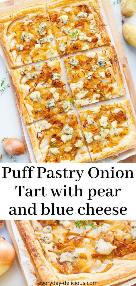 Puff Pastry Onion Tart with pear and blue cheese. Delicious savory puff pastry tart. #puffpastry #puffpastrytart #caramelizedoniontart #caramelizedonions Pastry Recipes Savory, Pear And Blue Cheese, Puff Pastry Recipes Savory, Savory Puff Pastry, Rough Puff Pastry, Pastry Appetizer, Onion Tart, Puff Pastry Desserts, Cheese Puff Pastry