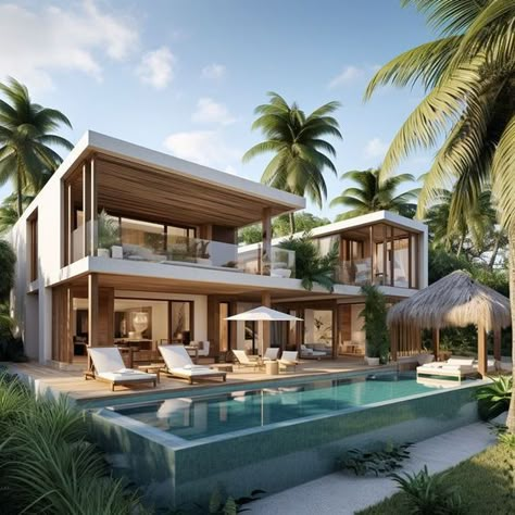 This modern Tropical Balinese-Inspired exterior design has amazing touches of Tulum styling. From the earthy tone and other natural materials, this design ensure you to have a perfect living in paradise! Tropical House Exterior, Beach Villa Design, Tropical Houses Architecture, Balinese Villa, Bali Architecture, Bali Style Home, Tropical Beach Houses, Modern Tropical House, Tropical House Design