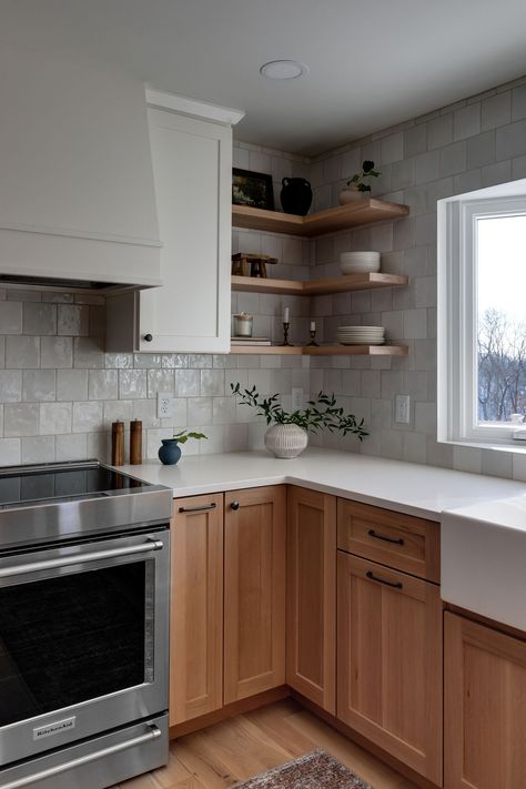 Ikea Light Wood Kitchen, Natural Shaker Cabinets, White Cabinets Kitchen Wood Countertops, White Backsplash With Oak Cabinets, Mixed White And Wood Kitchen Cabinets, Wood Effect Kitchen Cabinets, Shelves And Cabinets In Kitchen, Kitchen Oak Flooring, Wood Cabinets With White Backsplash