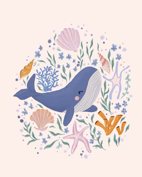 Nursery Coastal, Sea Life Illustration, Sea Inspired Art, Whale Nursery Art, Whale Artwork, Serene Home, Whale Illustration, Life Illustration, Ocean Artwork