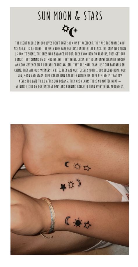 sun, moon, stars Tattoo Sonne, Matching Bff Tattoos, Matching Friend Tattoos, Hippie Tattoo, Tattoo Placements, Stars Tattoo, Matching Best Friend Tattoos, Bestie Tattoo, Matching Sister Tattoos