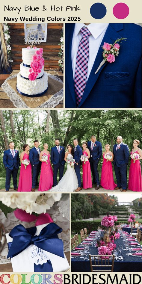 It explores the best 8 navy blue wedding color ideas and trends for 2025, including light shades of white, blush and gold, and dark hues of red, burgundy, hot pink, burnt orange and yellow etc. to give you more inspiration. Navy And Dark Pink Wedding, Bright Pink And Navy Wedding, Hot Pink And Navy Wedding, Blue And Hot Pink Wedding, Pink And Blue Wedding Theme, Hot Pink Wedding Colors, Pink Navy Wedding, Navy And Pink Wedding, Navy Blue Groomsmen