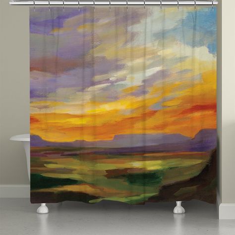 This landscape shower curtain, "Sonoran Deser Sunset" showcases a stunning sunset against the rolling hills of the desert. The hand -painted design is full of multicolor jewel tones of purple, orange, and green. Low Bookcase, Bathroom Artwork, Stunning Sunset, Desert Sunset, Sonoran Desert, Small Bathrooms, Green A, Shower Liner, Curtains With Rings