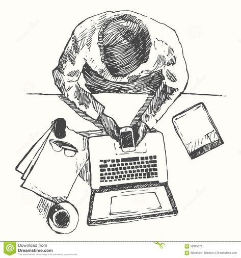 Sketch Hands Computer Man Office Top View Drawn Stock Vector - Image: 58325676 Workspace Illustration Drawings, Procrastination Illustration Art, Pov Sketch, Sketch Of Hands, Office Top View, Office Sketch, Top Perspective, Sketch Hands, Computer Sketch