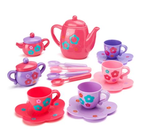 Doll Tea Party, Play Tea Set, Kids Toy Kitchen, Kitchen Pink, Special Friends, Kids Cleaning, Special Kids, Cleaning Toys, Pink And Purple Flowers