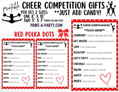 This is perfect for any cheerleading competition gift, big or little sister cheer gifts, team cheer gifts or a gift for any cheerleader! Simply buy the candy and attach this cute printable. You get 2 sizes of this printable, one 8" x 10" size or two 5" x 7" sizes - both printed on regular 8.5" x 11" paper. Print as many copies as you need! Many colors and designs to choose from. Easy as 1, 2, 3! Pick your color, purchase and download the file. Print on any color printer (colors vary by printer) Small Cheer Gifts, Cheer Candy Sayings, What To Get A Cheerleader For Christmas, Cheerleader Spirit Gifts, Night Before Cheer Competition Poem, Cheerleader End Of Season Gifts, Cheer Candy Gifts, Cheer Survival Kit Ideas, Cheer Party Ideas