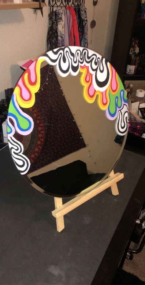 Acrylic handpainted by @3rdeyeivy on IG CHECK OUT AT @CLOUDED.CRAFTSHOP ON IG FOR MORE 💖 Drippy Mirror, Painted Mirror Aesthetic, Diy Mirror Painting Ideas, Mirror Painting Ideas Art, Mirror Frame Painting Ideas, Mirror Crafts Diy, Mirror Painting Ideas, Dripping Paint Art, Trippy Decor