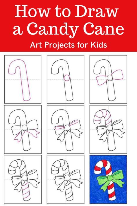 Learn how to draw a Candy Cane with an easy step-by-step PDF tutorial. #howtodraw #tutorial #drawing #drawingtutorial #arttutorial #artprojectsforkids #howtodrawforkids #candycane Candy Cane Drawing, Candy Cane Drawing Easy, How To Paint A Candy Cane, Candy Cane String Art Template, Christmas Guided Drawing For Kids, Candy Cane Coloring Pages Free Printable, Christmas Drawings For Kids, Xmas Crafts Kids, Candy Cane Coloring Page