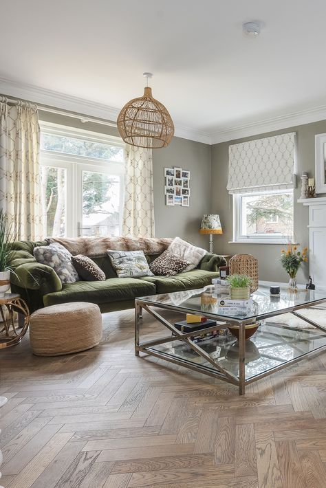 We absolutely love the nature-inspired decor in this beautiful living room featuring ZB101 Frozen Umber Herringbone, from our Deco Parquet Herringbone collection 💚 Click the link to order your free samples today! Living Room Designs Herringbone Floor, Herringbone Living Room, Herringbone Wood Floor Living Room, Parquet Flooring Living Room, Herringbone Floor Living Room, Herringbone Lino Flooring, Herringbone Floor Uk, Wood Effect Parquet Floor Tiles, Wooden Flooring Herringbone Pattern