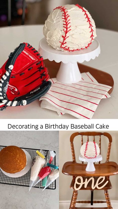 Baseball Cake- An Easy Smash or Birthday Cake - traditionallycozy.com 1st Birthday Baseball Smash Cake, Diy Baseball Cake, Baseball Smash Cake One Year Old, Baseball Smash Cake, Baseball Birthday Cakes, Smash Cake Recipes, White Food Coloring, Orange Buttercream, Baseball Cake