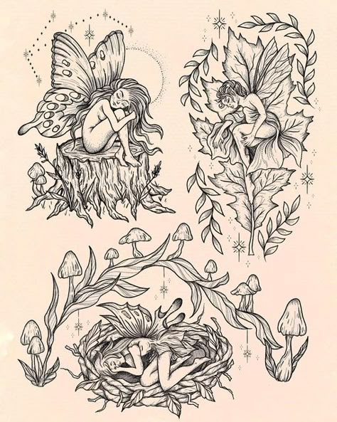 Fairy Tattoo Flash Sheet, Earthy Fairy Tattoo, Woodland Fairy Tattoo Sleeve, Fairy Tattoo With Flowers, Enchanted Forest Tattoo Fairies, Fairy Toadstool Tattoo, Fairy Theme Tattoo, Fairy Floral Tattoo, Fairy Finger Tattoo