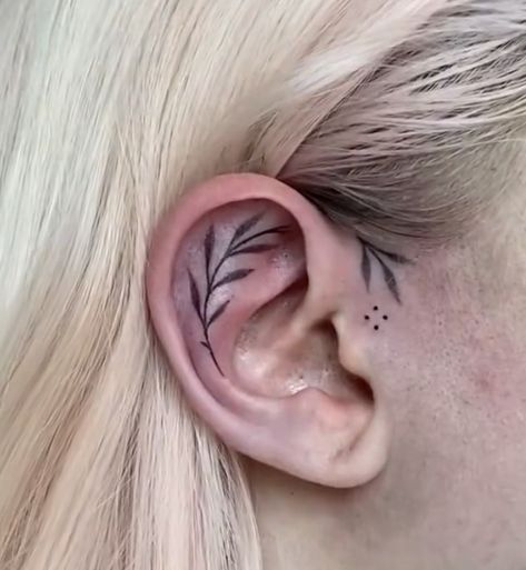 Leaves Ear Tattoo, Inside Of Ear Tattoo, Fern Ear Tattoo, Ear Leaf Tattoo, Vine Ear Tattoo, Leaf Ear Tattoo, Inner Ear Tattoos For Women, Cartilage Tattoo, Ear Lobe Tattoo