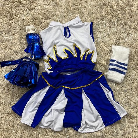 Get Ready For Halloween, Cheerleader Girl Costume. Blue And White With Gold Details. Include Sleeveless Top, White Knee High Socks, Skirt/Short And Throw Royal Blue Pompons. New Never Worn Size 6/8 Varsity Cheer Uniforms, Cheerleader Costume Kids, Halloween Cheerleader, Cheerleading Costume, Girls Cheerleader Costume, Cheerleader Halloween, Ella Jane, Gold Socks, White Knee High Socks