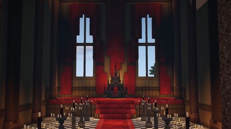 Minecraft Castle Throne Room, Minecraft Gothic Bedroom, Minecraft Throne Room Ideas, Minecraft Dark Castle Interior, Satanic Minecraft Builds, Minecraft Vampire Build, Evil Lair Minecraft, Throne Minecraft Ideas, Vampire Castle Minecraft