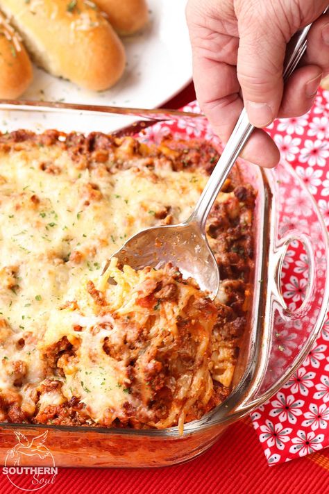 Out Of This World Baked Spaghetti - A Southern Soul Recipes With Turkey Meat, Recipes With Turkey, Easy Baked Spaghetti, A Southern Soul, Baked Spaghetti Recipe, Stuffed Baked Potatoes, Baked Lasagna, Spaghetti Dinner, Recipe Pasta