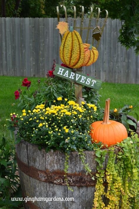 Outdoor Fall Flowers, Vertical Container Gardening, Whiskey Barrel Planter, Fall Garden Decor, Fall Container Gardens, Fall Containers, Container Garden Design, Easy Fall Decor, Barrel Planter