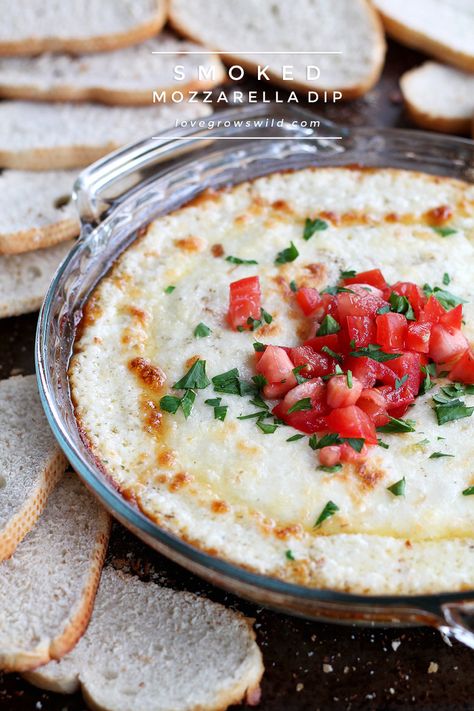 This hot, bubbling Smoked Mozzarella Dip is the ultimate party food! 4 different cheeses all melted into one delicious appetizer that is perfect for dipping! | LoveGrowsWild.com Mozzarella Dip, Dip Appetizers, Smoked Mozzarella, Hummus Recipes, 7 Fishes, Artichoke Dip Recipe, Savory Food, Italian Appetizers, Artichoke Dip