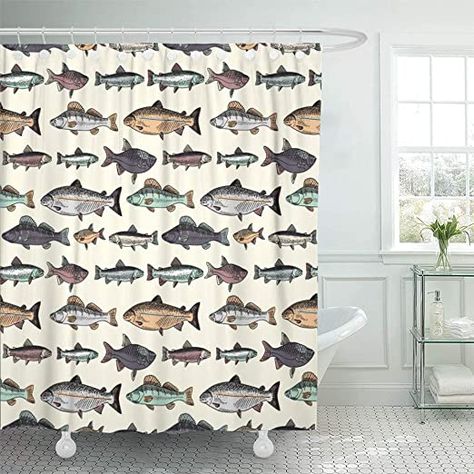 Lake Bathroom Decor, Fishes Drawing, Fishing Bathroom Decor, Fish Shower Curtain, Lake Bathroom, Fish Bathroom, Lake Fish, Curtain Drawing, Shower Curtain Blue