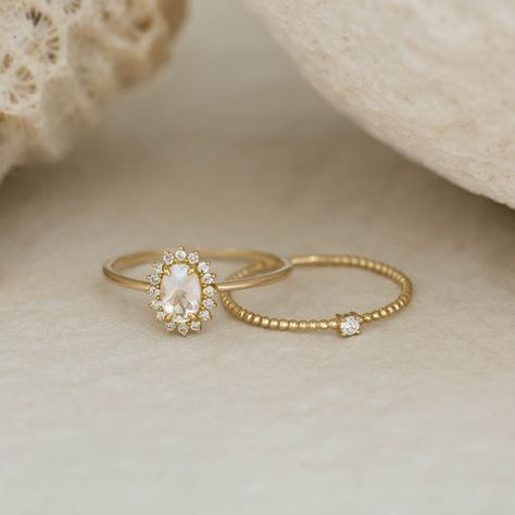 Diamond Beaded Ring 14k Gold - Natalie | Linjer Jewelry Different Rings Engagement, Gold Infinity Ring Engagement, Dainty Gold Diamond Ring, Beaded Engagement Ring, Oval Engagement Ring Dainty, Wedding Ring Pearl And Diamond, Simple Oval Engagement Ring Gold, Wedding Ring With Pearls, Dainty Rings Gold