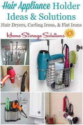 Hair appliance holder ideas and solutions, including for hair dryers, curling irons and flat irons, to get these items off your bathroom counters and more handy for use {on Home Storage Solutions 101} Apartment Storage Solutions, Curling Iron Storage, Curling Iron Holder, Hair Dryer Storage, Bathroom Storage Ideas, Hair Appliances, Apartment Storage, Iron Storage, Bathroom Storage Solutions