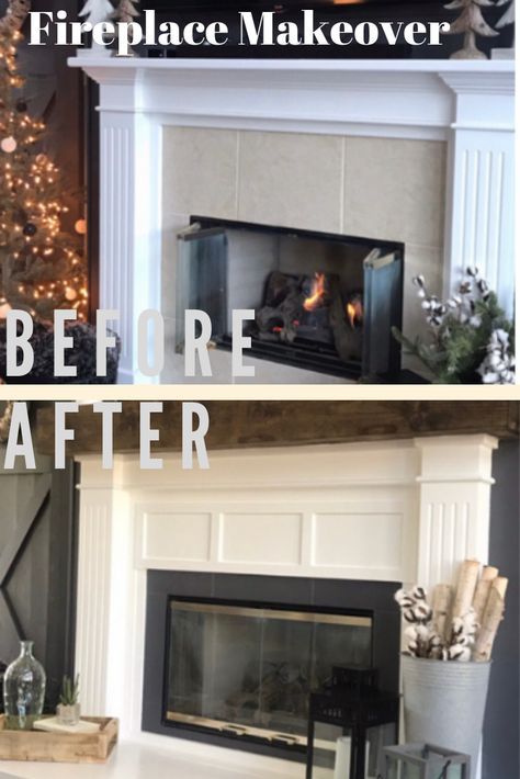 Is your fireplace dated and in need of a refresh? Check out this fireplace makeover. An easy DIY for covering up old dated tile and bringing your fireplace up to date. Faux Beam Fireplace Mantel, Diy Farmhouse Fireplace Makeover, Fireplace Makeover Between Windows, Fireplace Tile Replacement, Mantel Update Ideas, Adding A Mantle To A Fireplace, How To Cover Tile Fireplace, Adding A Hearth To Fireplace, Faux Wood Mantle Cover