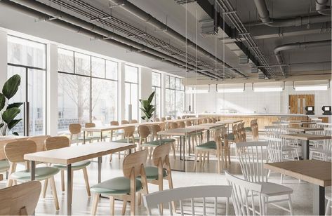 Muji Style Interior, Canteen Design, Office Cafeteria, Cafeteria Design, Office Canteen, Staff Lounge, Modern Outdoor Dining, Office Design Inspiration, Modern Office Interiors