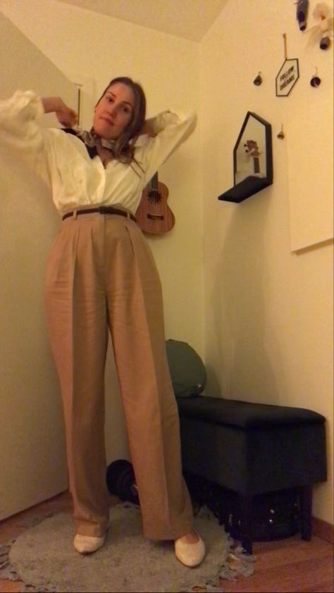 Classic vintage office look: White oversized button shirt with beige high waist pants from Gant. @VIVAIAofficial hemp shoes with Vintage silk scarf and amethyst chrystal necklace. Vintage Silk Scarf, Office Look, Vintage Office, High Waist Pants, French Chic, Waist Pants, Button Shirt, Classic Vintage, Vintage Silk