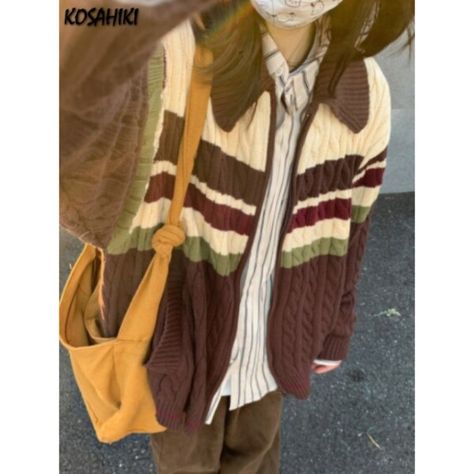 US $24.16 39％ Off | Y2k Aesthetic Vintage Tassel Knitted Cardigan 2023 Spring Oversize Loose Contrast Women Sweater Zipper Harajuku Cardigan Femme Cute Cardigans Aesthetic, Scandi Aesthetic Fashion, Cardigan Outfit Brown, Knitted Cardigan Outfit, Brown Clothes Aesthetic, 90s Cottagecore, Zipper Sweater, Loose Cardigan, Cardigan Vintage