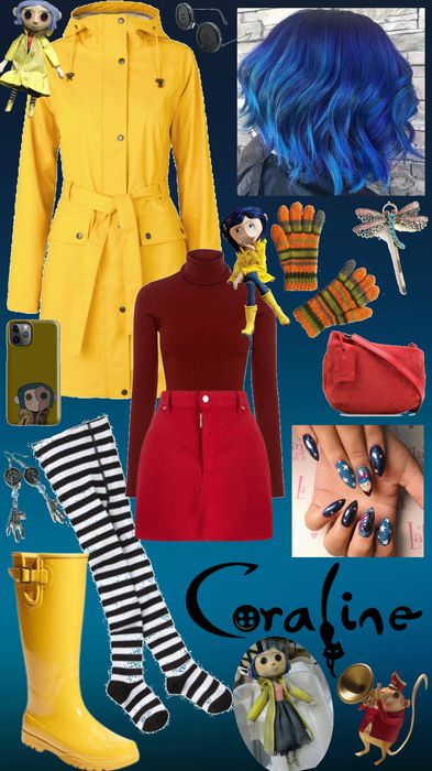 Coraline Costume Diy, Coraline Outfit Ideas, Coraline Outfit Aesthetic, Caroline Costume, Coraline Inspired Outfit, Caroline Outfits, Coraline Style, Coraline Outfit, Coraline Cosplay