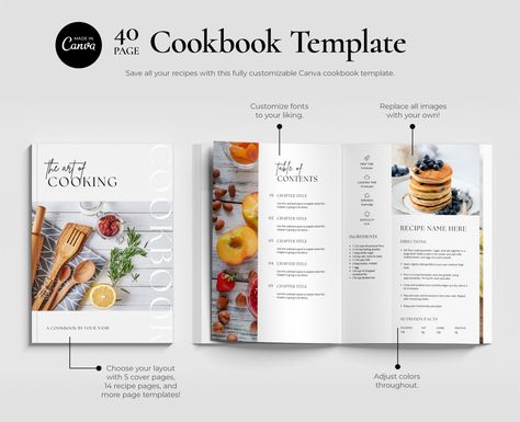 This fully customizable Canva cookbook template is perfect for any home chef. Keep track of your favorite recipes with 14 different recipe layout pages, 5 cover page options, 3 back cover page options, and more. The best part is that each page is completely customizable in Canva! Personalize every aspect of the cookbook and then save it as a PDF recipe ebook or print it as a paper book. WHAT YOU WILL RECEIVE: - One PDF with the link to the 40 page cookbook template (Us Letter & A4 formats) as we Cookbook Contents Page, Recipe Page Layout, Recipe Layout Design, Cookbook Layout Design, Recipe Book Layout, Cookbook Design Layout, Cookbook Layout, Recipe Layout, Cookbook Cover Design