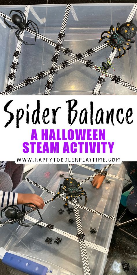 Balance the Spiders: Halloween STEAM - HAPPY TODDLER PLAYTIME Spider Provocations Preschool, Cognitive Halloween Activities, Reggio Halloween Art, Halloween Cognitive Activities Preschool, Halloween Cognitive Activities, Spider Activities Preschool, Halloween Provocations, Very Busy Spider Activities, Spider Theme Preschool